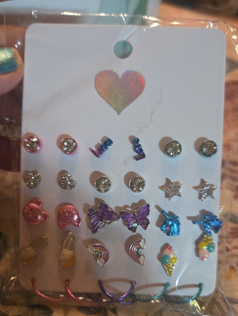 New 15 Pairs Childrens Place Earrings, Unicorns Hoops Butterflies Cat Rainbow Cz
